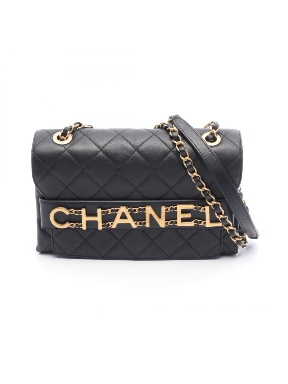 Chanel Shoulder Bag Quilted Logo Black Lambskin Chain